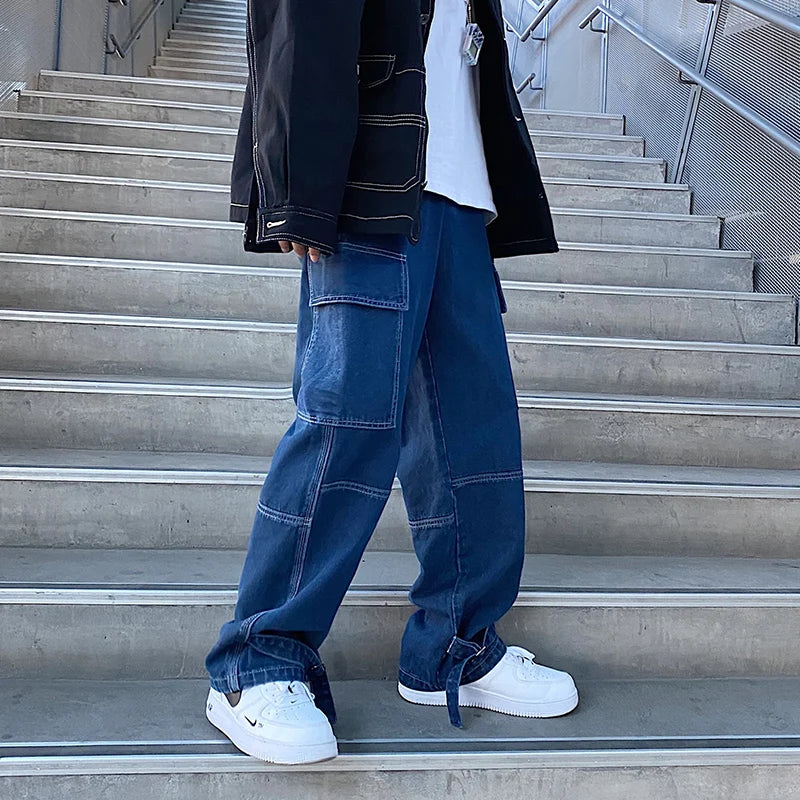 Threebooy Men Wide Leg Jeans Mens Spring cargo pants Hip Hop Streetwear New Loose Straight Baggy Denim Pants Male work jeans