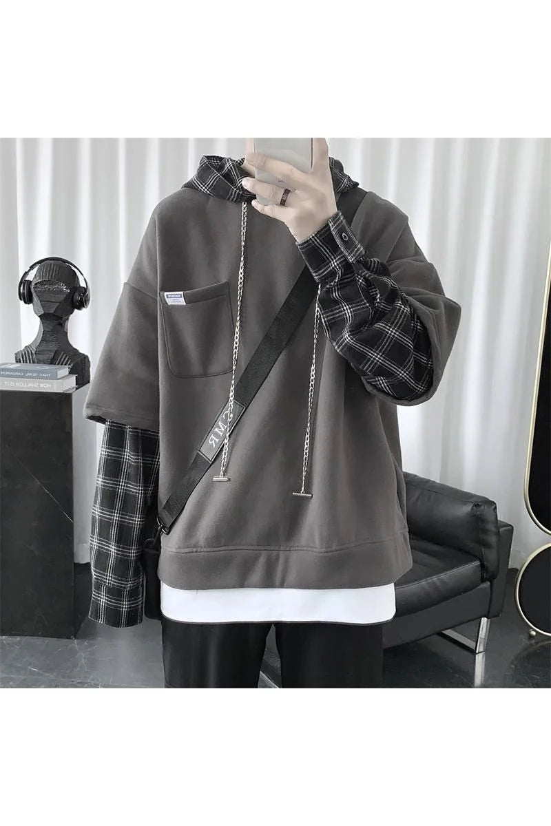 Threebooy Hooded sweater men's autumn Korean fashion versatile top loose fake two striped hip hop handsome coat