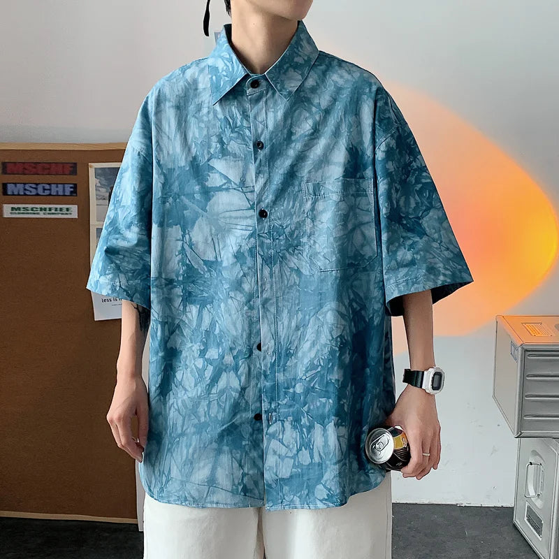 Threebooy HIP HOP Tie dyed ice silk 5-sleeve shirt men's spring summer ins design couple minority half sleeve drape shirt camisa masculina