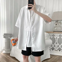 Threebooy Summer HIP HOP loose short sleeve shirt Korean solid color 5 / 5 sleeve shirt student fashionable and handsome inch coat shirts