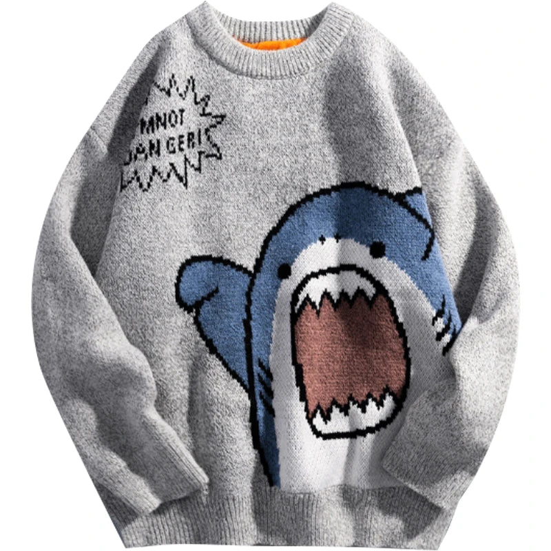 Threebooy Shark Sweater Men Winter Cartoon Harajuku Korean Y2k Oversized Turtleneck Hip Hop Loose Knit Jumper Pullover High Collar Sweater