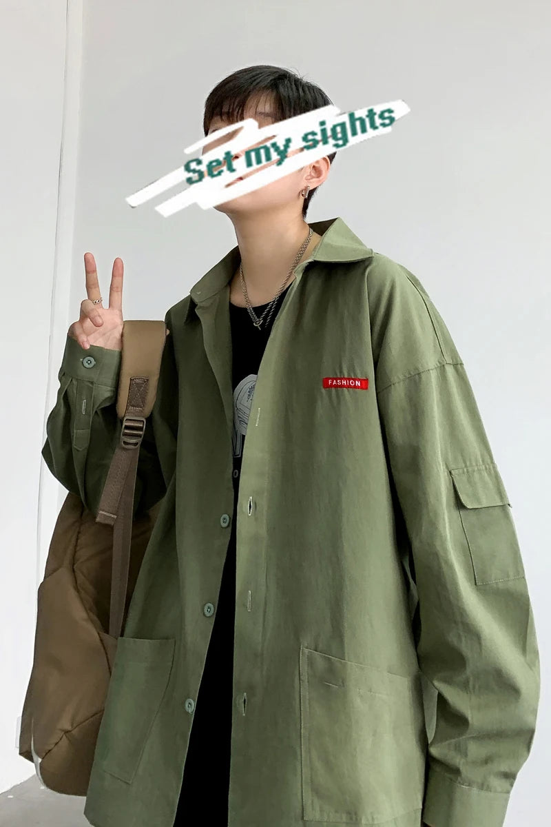 Threebooy Men Harajuku Solid color  Mens Streetwear  Long Sleeve Male Vintage Korean Fashions shirts  Oversized shi