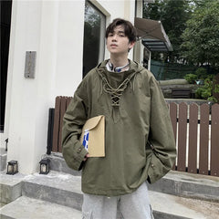 Threebooy Men's Fashion Bandage Hoodie Spring and Autumn Harajuku Hooded Jacket Youth Loose Streetwear Lounge Wear Korean Men's Clothing