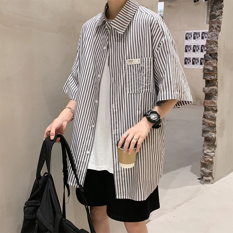 Threebooy Rocking k Summer Stripe Shirt Men's Korean fashion ins short sleeve shirt men's BF Harajuku handsome top loose casual coat