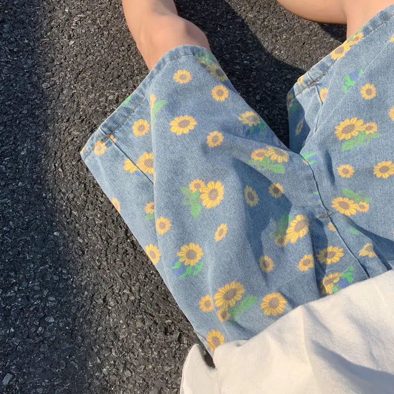 Threebooy  Summer Cotton Denim Shorts Men's Fashion Casual Flowers Denim Shorts Men Streetwear Korean Loose Drawstring Denim Shorts Mens