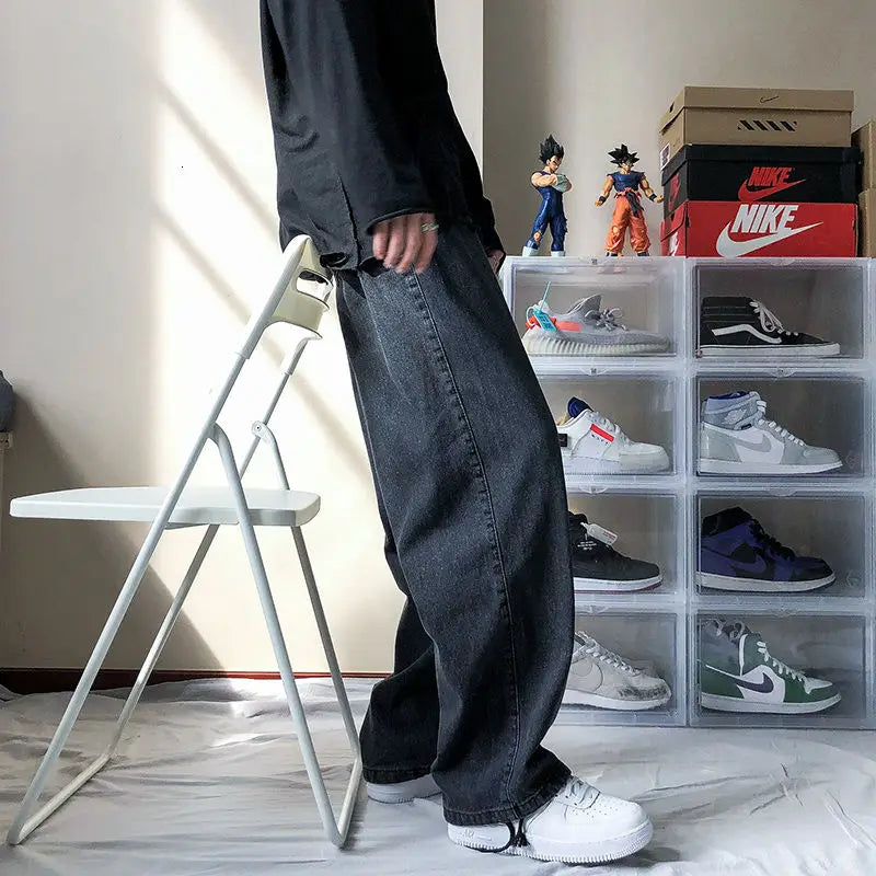 Threebooy Men's New Loose Black/blue Straight Pants Solid Color Casual Pants Baggy Homme Cargo Pocket Jeans Biker Denim Trousers