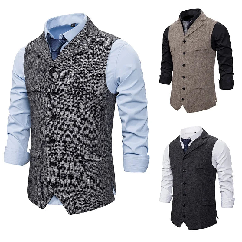 Threebooy Autumn Business Vest Men's Clothing Male Lapel Casual Men Suit Vest With Pockets Vest Outerwear Chaleco Hombre