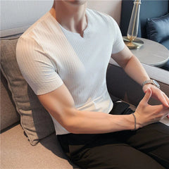 Threebooy Summer Men's Ice Silk Elastic Stripe T Shirts Slim Fit Round Neck Knitted Tshirts Short Sleeve Fashion Trend T-shirt