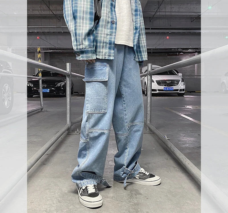 Threebooy Men Wide Leg Jeans Mens Spring cargo pants Hip Hop Streetwear New Loose Straight Baggy Denim Pants Male work jeans