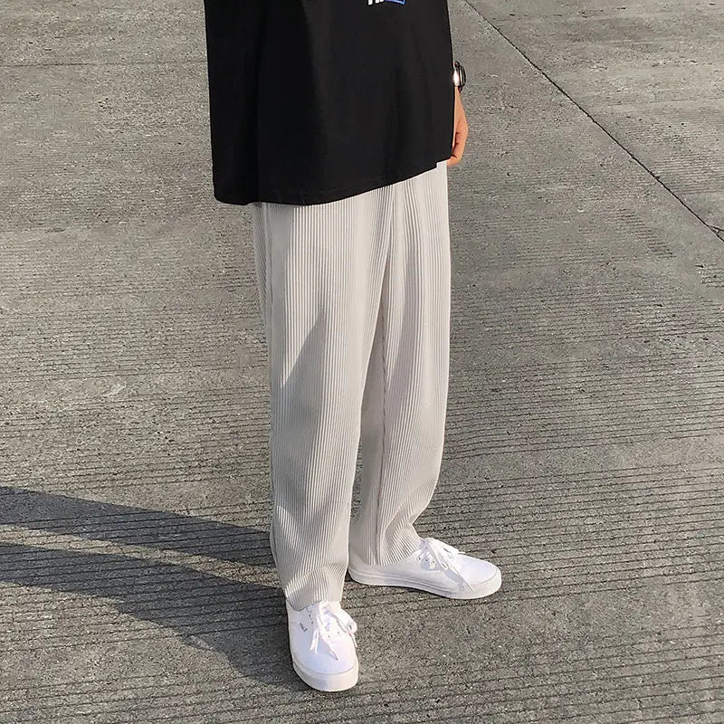 Threebooy Summer Black Casual Pants Men Straight Pleated Men Japanese Streetwear Loose Ice Silk Pants Mens Wide Leg Pants Mens Trousers