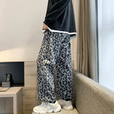 Threebooy Men's Leopard Casual Pants Cargo Black Pants Hip Hop Loose Straight Pants Stacked Joggers Sweatpants Streetwear Trousers