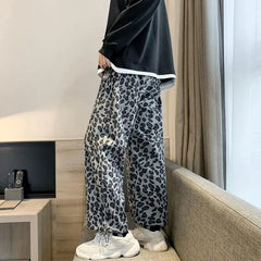 Threebooy Men's Leopard Casual Pants Cargo Black Pants Hip Hop Loose Straight Pants Stacked Joggers Sweatpants Streetwear Trousers