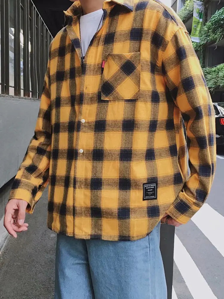 Threebooy Men Harajuku Color Block Plaid Shirt Mens Streetwear Thick Shirts Long Sleeve Male Vintage Korean Fashions Clothes