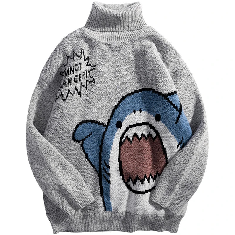 Threebooy Shark Sweater Men Winter Cartoon Harajuku Korean Y2k Oversized Turtleneck Hip Hop Loose Knit Jumper Pullover High Collar Sweater