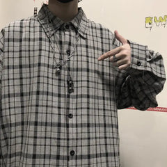 Threebooy HIP HOP Korean ins versatile Plaid loose oversize long sleeve shirt for men and camisa masculina gray shirts