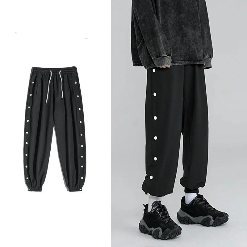 Threebooy Men's Hip Hop Style Casual Pants Loose Button Decoration Jogger Sweatpants Fashion Trend Fitness Black Color Trousers