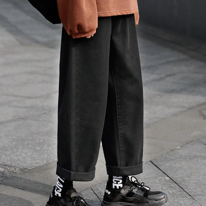 Threebooy  Wide legs Jeans Men Fashion Retro Solid Color Casual Straight Jean Pants Mens Streetwear Hip Hop Denim Pants Mens Trousers M-3XL