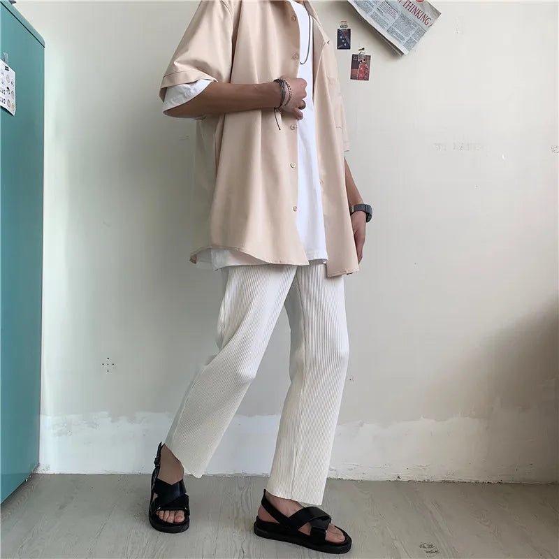Threebooy  Pleated Pants Men Summer Straight Casual Pants Men Japanese Streetwear Loose Ice Silk Pants Mens Wide Leg Pants Man Trousers