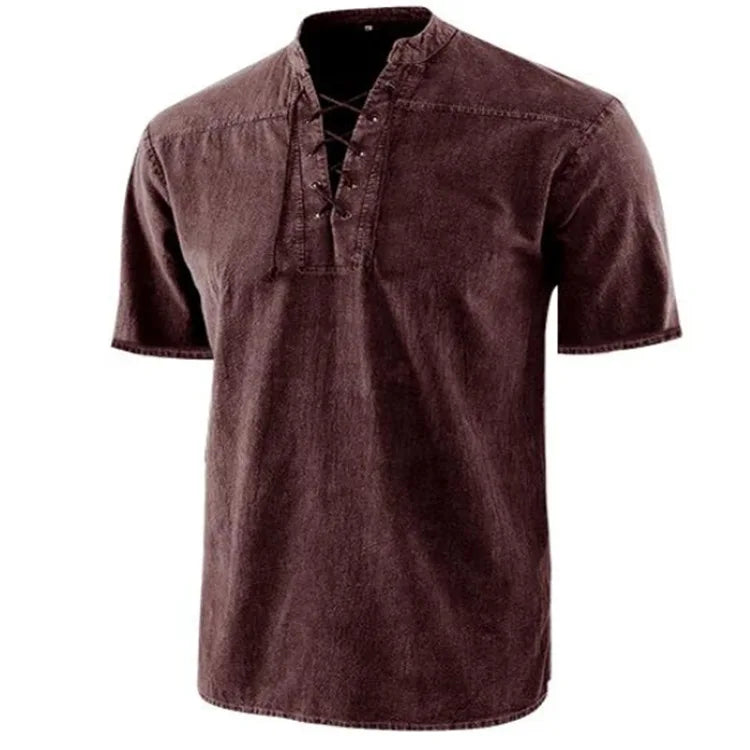 Threebooy  T Shirt Men Stand Collar Front Lace Up Short Sleeve V Neck Slim T Shirt Streetwear for Daily Wear Solid Retro Casual Tops Tees