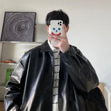 Threebooy Black/Brown Leather Jacket Men's Fashion Casual Oversized Motorcycle Jackets Mens Streetwear Loose Hip-hop Bomber Jacket Men