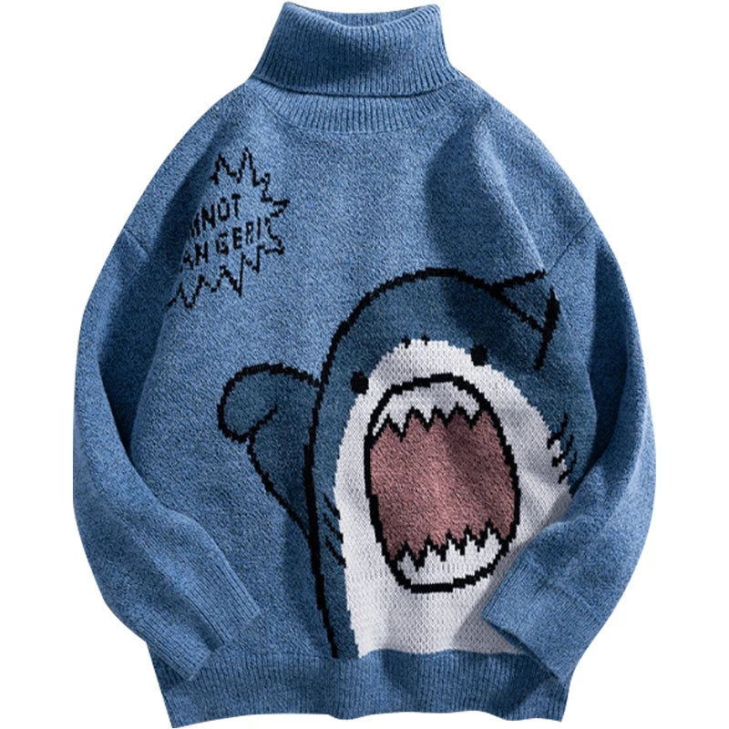 Threebooy Shark Sweater Men Winter Cartoon Harajuku Korean Y2k Oversized Turtleneck Hip Hop Loose Knit Jumper Pullover High Collar Sweater