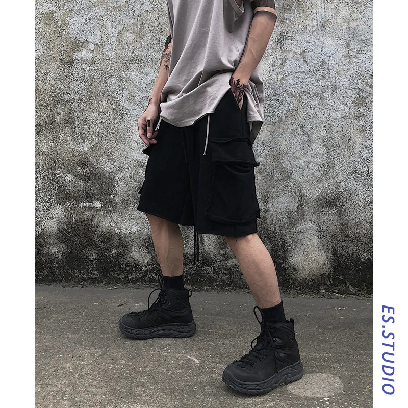 Threebooy Ins summer fashion Harajuku style dark black shorts trend loose solid color versatile tooling straight pants