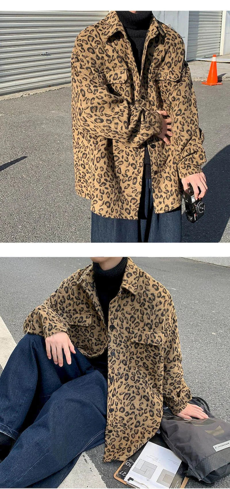 Threebooy Retro leopard print casual jacket men's autumn spring Korean trend handsome elegant temperament high street coat cool streetwear