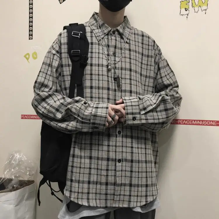 Threebooy HIP HOP Korean ins versatile Plaid loose oversize long sleeve shirt for men and camisa masculina gray shirts