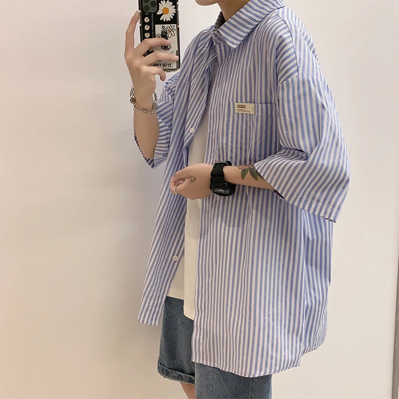 Threebooy Rocking k Summer Stripe Shirt Men's Korean fashion ins short sleeve shirt men's BF Harajuku handsome top loose casual coat