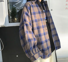 Threebooy harajuku block plaid block men's men streetwear men's thick, manly sleeve shirts of vintage Korean fashion clothes HIP HOP