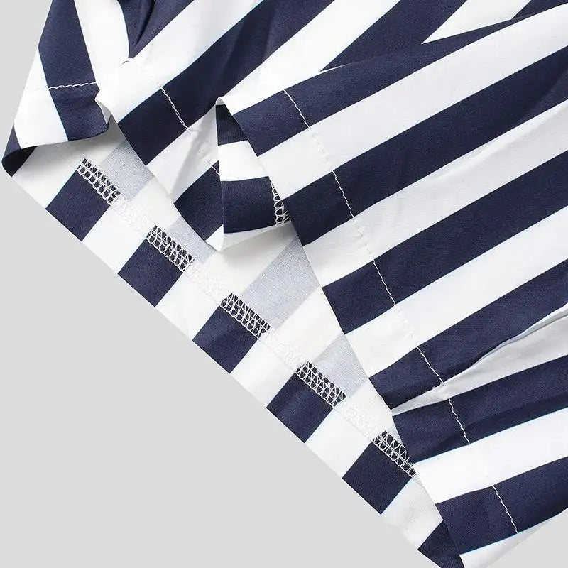 Threebooy  Men's Striped Romper Shorts Fashion Casual Playsuit Short Sleeve Button-down Shorts Lapel Jumpsuit Drawstring Streetwear S-3XL