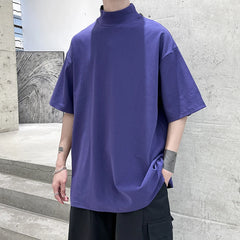 Threebooy 2024 Streetwear Turtleneck Men Tshirt Solid Hip Hop Male Oversized T shirts Man Casual Short Sleeve Top Tees Black/White/Purple