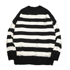 Threebooy  Black Stripe Sweaters Destroyed Ripped Sweater Men Pullover Hole Knit Jumpers Men Oversized Sweatshirt Harajuku Long Sleeve Tops