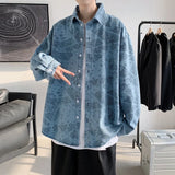 Threebooy Men's Fashion Clothing Coats Flower Printed Denim Long Sleeve Shirt Camisa Social Masculina Streetwear Blue Shirt M-XL