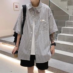 Threebooy Rocking k Summer Stripe Shirt Men's Korean fashion ins short sleeve shirt men's BF Harajuku handsome top loose casual coat