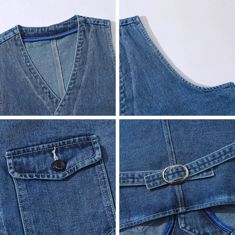 Threebooy  Denim Vest Men's Jacket Spring Autumn Jeans Jacket V-neck Design Korean Vest Loose Casual Fashion All-match Style Male Clothing