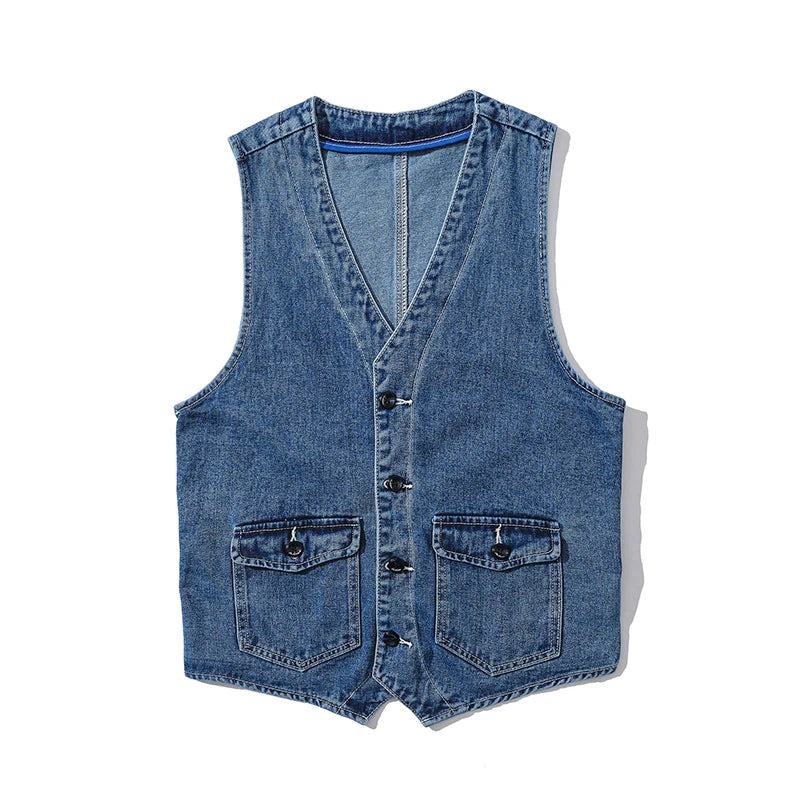 Threebooy  Denim Vest Men's Jacket Spring Autumn Jeans Jacket V-neck Design Korean Vest Loose Casual Fashion All-match Style Male Clothing
