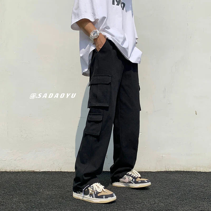 Threebooy  Black/white Cargo Pants Men Fashion Loose Straight Wide Leg Pants Men Streetwear Hip-hop Pocket Casual Pants Mens Trousers