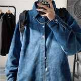 Threebooy Men's Fashion Clothing Coats Flower Printed Denim Long Sleeve Shirt Camisa Social Masculina Streetwear Blue Shirt M-XL