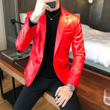 Threebooy Blazer Hombre PU Leather Jackets Men Fashion Solid Slim Fit One Button Business Casual Blazers For Men Korean style Suit Jacket