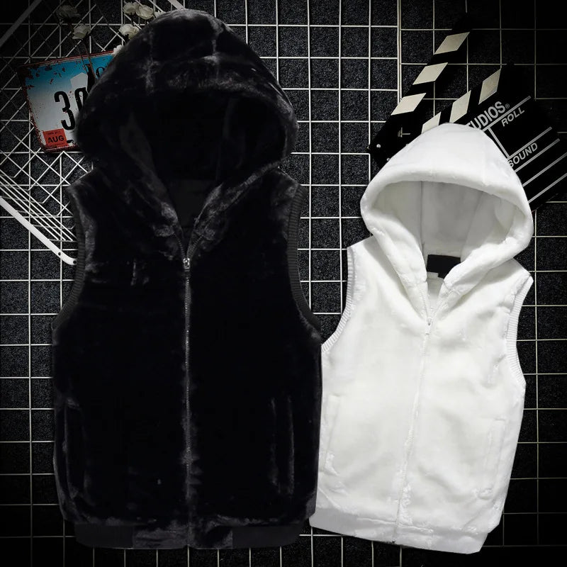 Threebooy New Men's Winter Coral Fleece Hoodie Thickened Jacket Vest Fashion Couple Sleeveless Vest Warm Casual Men's Hooded Jacket Men