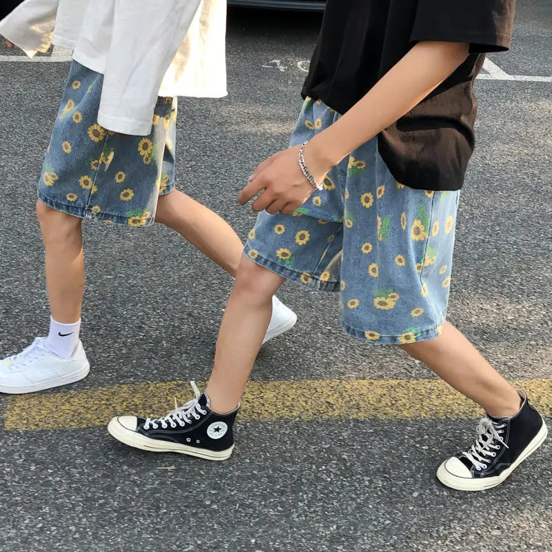 Threebooy  Summer Cotton Denim Shorts Men's Fashion Casual Flowers Denim Shorts Men Streetwear Korean Loose Drawstring Denim Shorts Mens