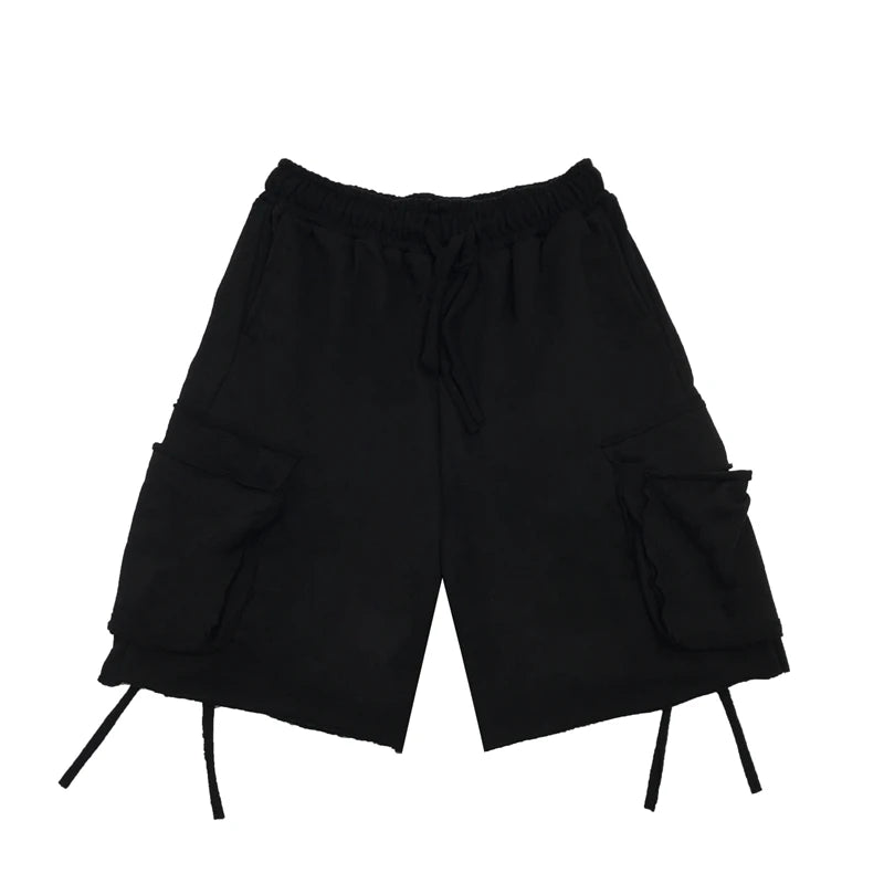 Threebooy Ins summer fashion Harajuku style dark black shorts trend loose solid color versatile tooling straight pants