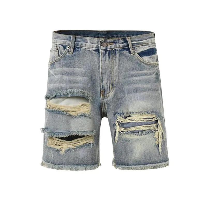 Threebooy Mens Summer Retro Denim Shorts Male Ripped Street Style Vintage Hip Hop Hipster Big Hole Biker Jeans