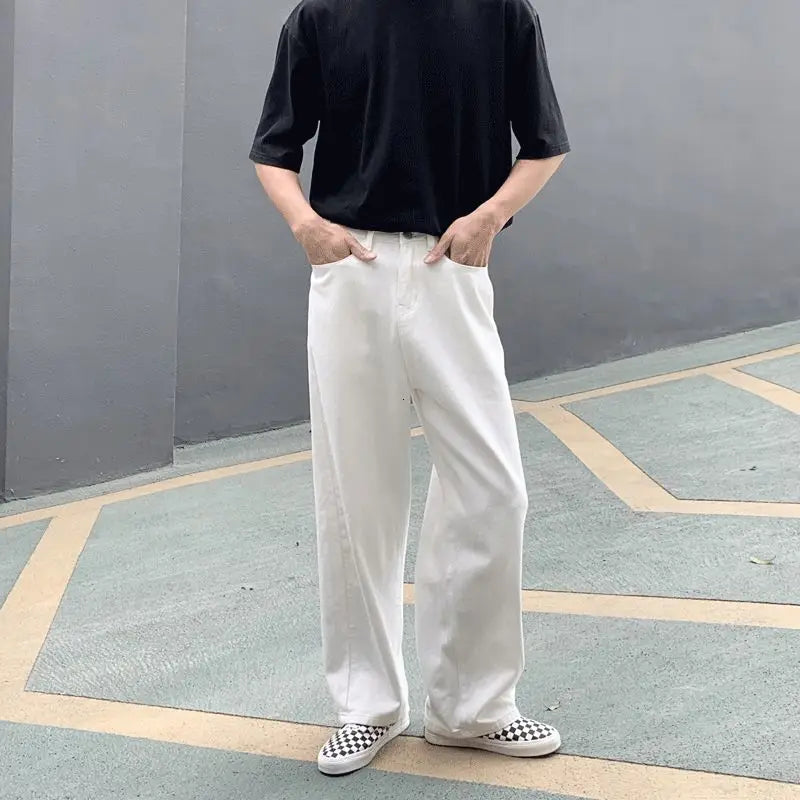 Threebooy  Wide Leg Jeans Men Fashion Casual White Jeans Men Streetwear Korean Loose Hip-hop Straight Jeans Mens Denim Trousers M-3XL