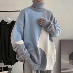 Threebooy Turtleneck Sweater Men Fashion Autumn Winter Knitted Sweaters Colors Patchwork Trendy Streetwear Male Baggy Knitwear