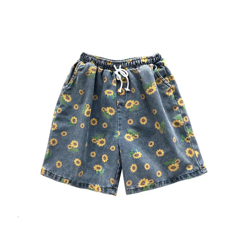 Threebooy  Summer Cotton Denim Shorts Men's Fashion Casual Flowers Denim Shorts Men Streetwear Korean Loose Drawstring Denim Shorts Mens