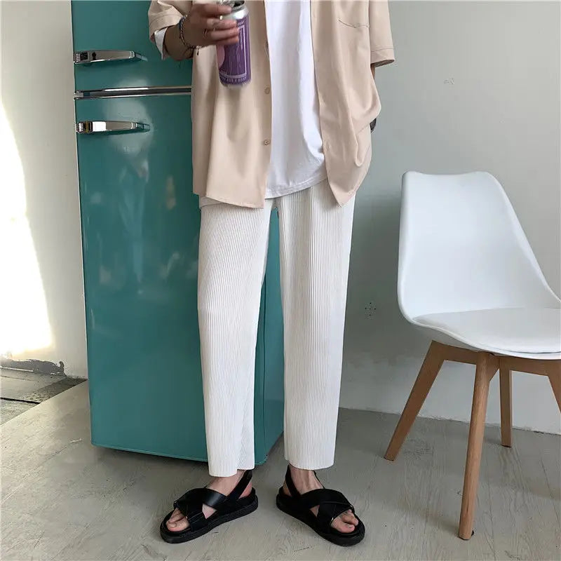Threebooy  Pleated Pants Men Summer Straight Casual Pants Men Japanese Streetwear Loose Ice Silk Pants Mens Wide Leg Pants Man Trousers
