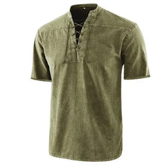 Threebooy  T Shirt Men Stand Collar Front Lace Up Short Sleeve V Neck Slim T Shirt Streetwear for Daily Wear Solid Retro Casual Tops Tees