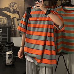 Threebooy Summer Men's Striped Printing Short Sleeve T-shirt Fashion Trend Loose Round Neck Tshirt Casual Top Streetwear T Shirt M-2XL